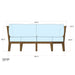 Front-view diagram of Westminster Teak Kafelonia Sofa Sectional displays its measurements, showing a wide cushioned seat and angled wooden arms