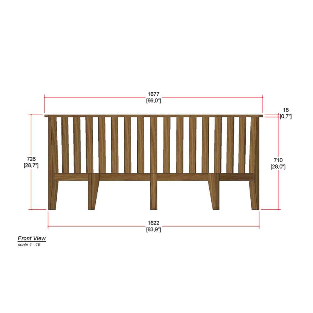 Front-view diagram of the teak frame of Westminster Teak Kafelonia Sofa Sectional shows vertical slats and precise width and height dimensions