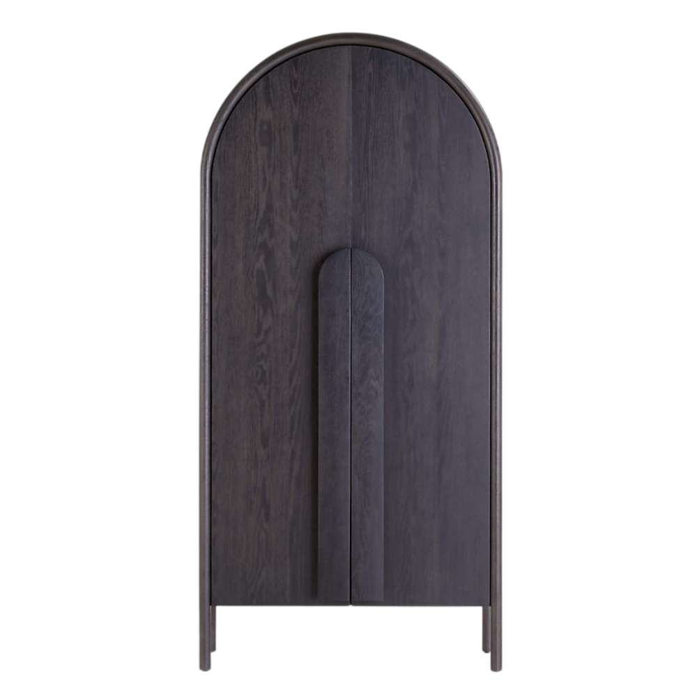 Front view of Crate & Barrel Annie 38" Charcoal Brown Storage Cabinet with a charcoal brown finish and rounded top