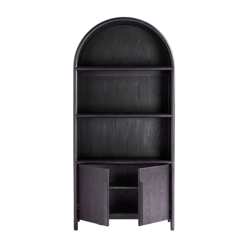 Front view of Crate & Barrel Annie 38" Charcoal Brown Wood Storage Bookcase with Shelves with cabinet doors open to reveal interior storage