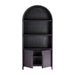 Front view of Crate & Barrel Annie 38" Charcoal Brown Wood Storage Bookcase with Shelves with cabinet doors open to reveal interior storage