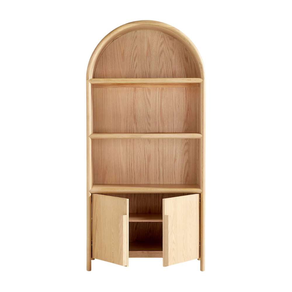 Front view of Crate & Barrel Annie 38" Natural Wood Storage Bookcase with Shelves with cabinet doors open to reveal interior storage