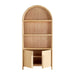 Front view of Crate & Barrel Annie 38" Natural Wood Storage Bookcase with Shelves with cabinet doors open to reveal interior storage