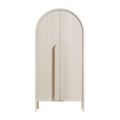 Front view of Crate & Barrel Annie 38" Whitewash Storage Cabinet with arched frame and whitewashed oak doors