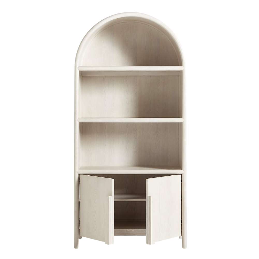 Front view of Crate & Barrel Annie 38" Whitewashed Wood Storage Bookcase with Shelves with cabinet doors open to reveal hidden storage