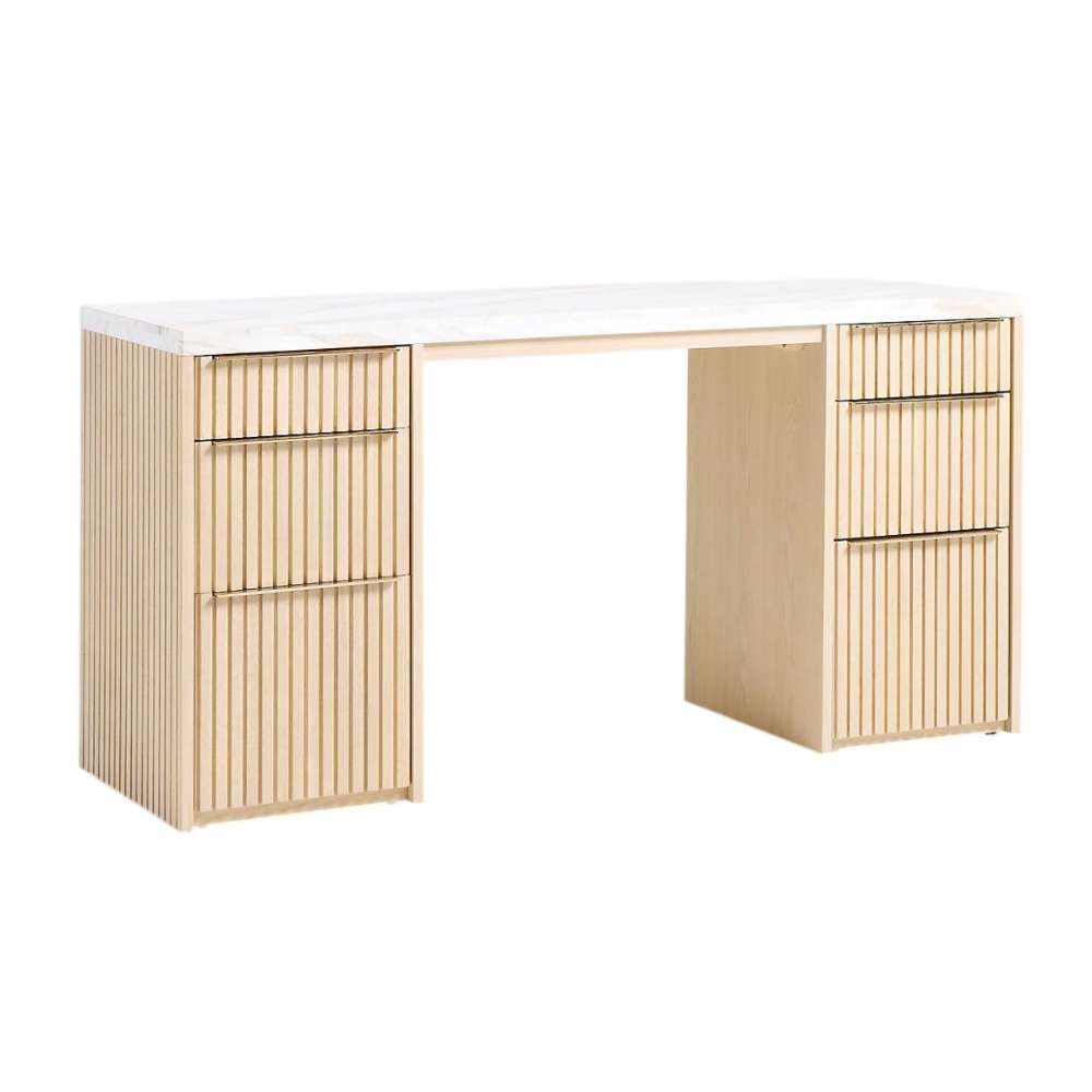 Front view of Crate & Barrel Batten 62" White Oak Wood Console Desk with White Marble Top showcasing six storage drawers