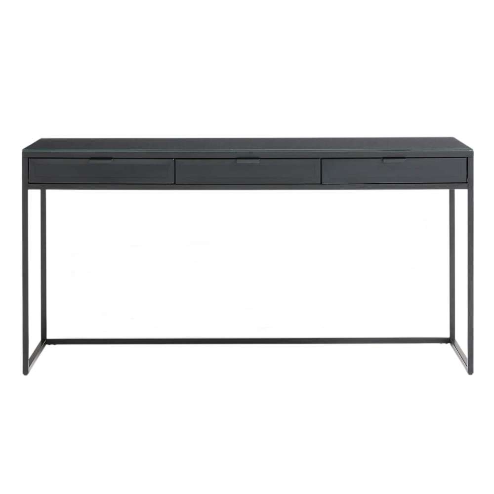 Front view of Crate & Barrel Casement 60" Black Metal Desk with three slim storage drawers and a minimalist black metal frame