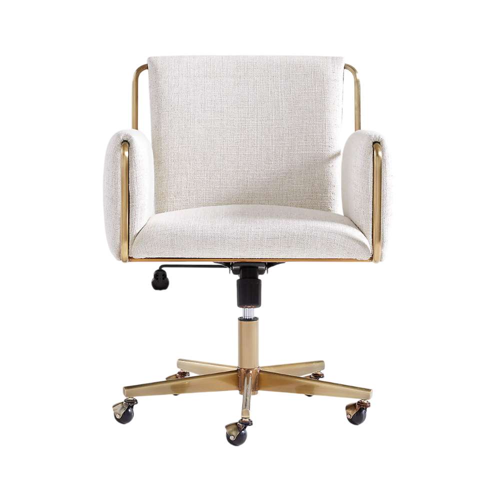 Front view of Crate & Barrel Caterina Natural Upholstered Office Chair with Brass Base, displaying its wide cushioned seat, supportive backrest, and brass rolling base