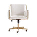 Front view of Crate & Barrel Caterina Natural Upholstered Office Chair with Brass Base, displaying its wide cushioned seat, supportive backrest, and brass rolling base