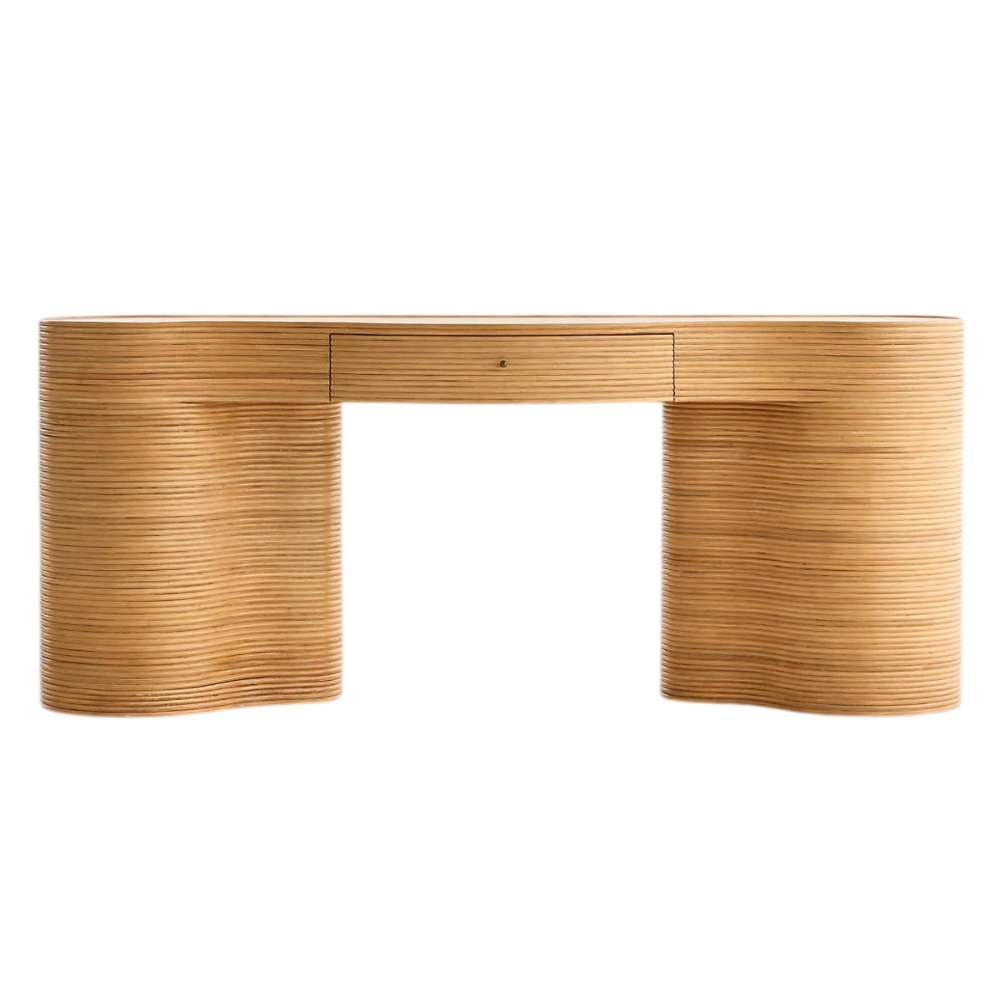 Front view of Crate & Barrel Delphine 73" Storage Console Table Desk with a centered storage drawer and sculptural curved legs