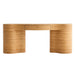 Front view of Crate & Barrel Delphine 73" Storage Console Table Desk with a centered storage drawer and sculptural curved legs