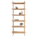 Front view of Crate & Barrel Elias Natural Elm Wood Open Bookcase styled with books, vases, and small decorative objects on its six shelves