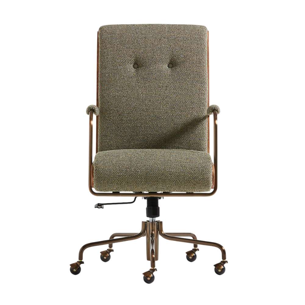 Front view of Crate & Barrel Ellison Green Woven High-Back Office Chair with textured fabric, padded arms, and caster wheels