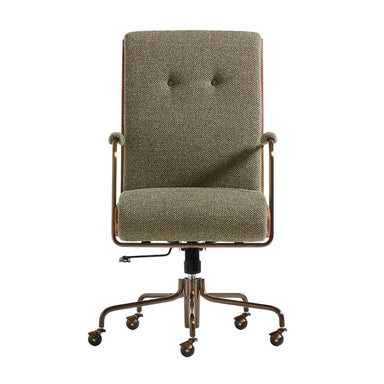 Front view of Crate & Barrel Ellison Green Woven High-Back Office Chair with textured fabric, padded arms, and caster wheels