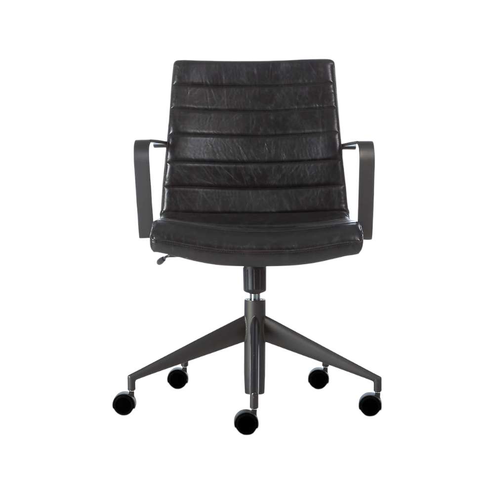 Front view of Crate & Barrel Graham Black Office Chair featuring channel-tufted cushioning and a swivel base