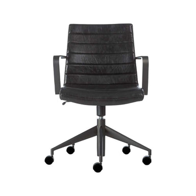 Front view of Crate & Barrel Graham Black Office Chair featuring channel-tufted cushioning and a swivel base