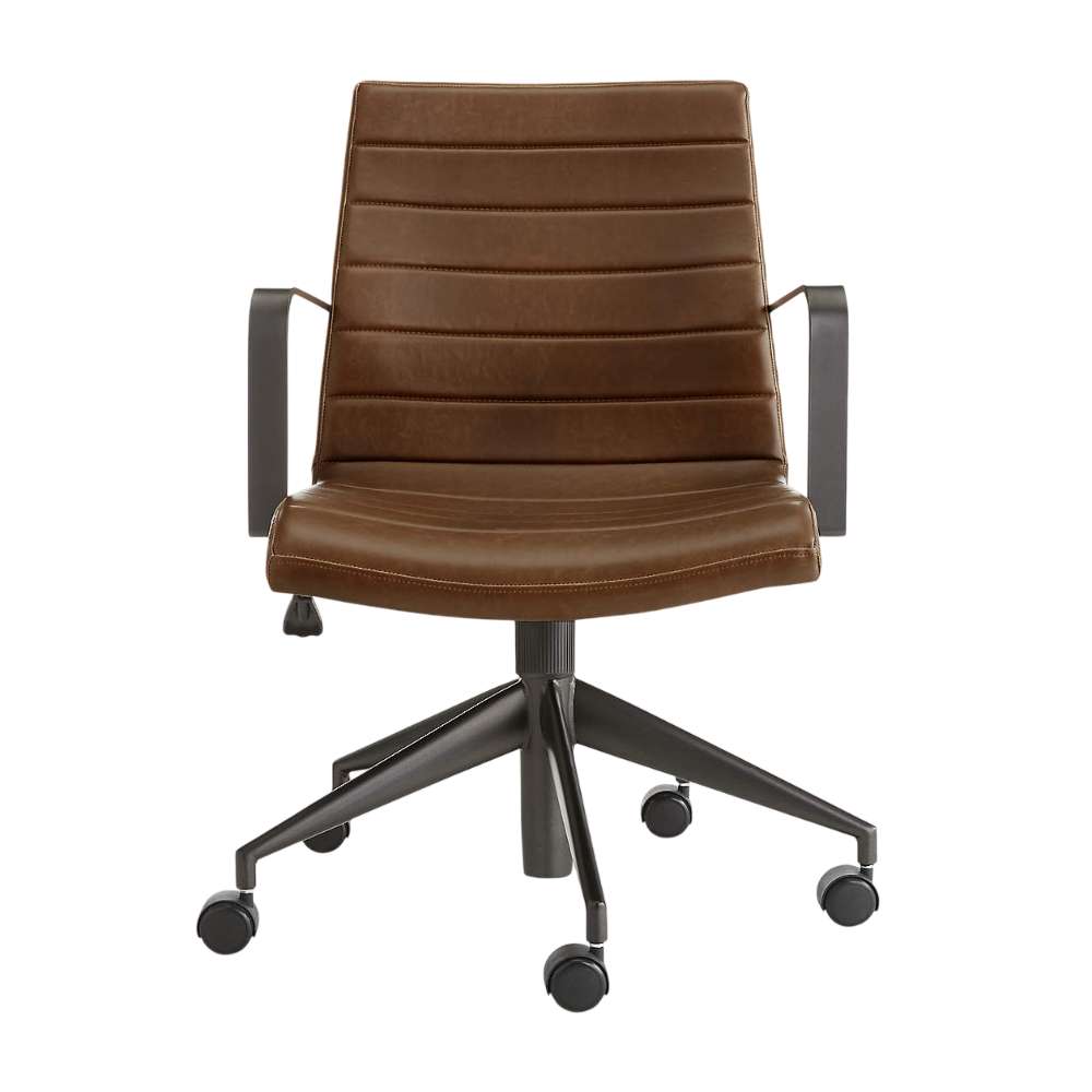 Front view of Crate & Barrel Graham Brown Office Chair featuring a padded backrest, armrests, and rolling casters