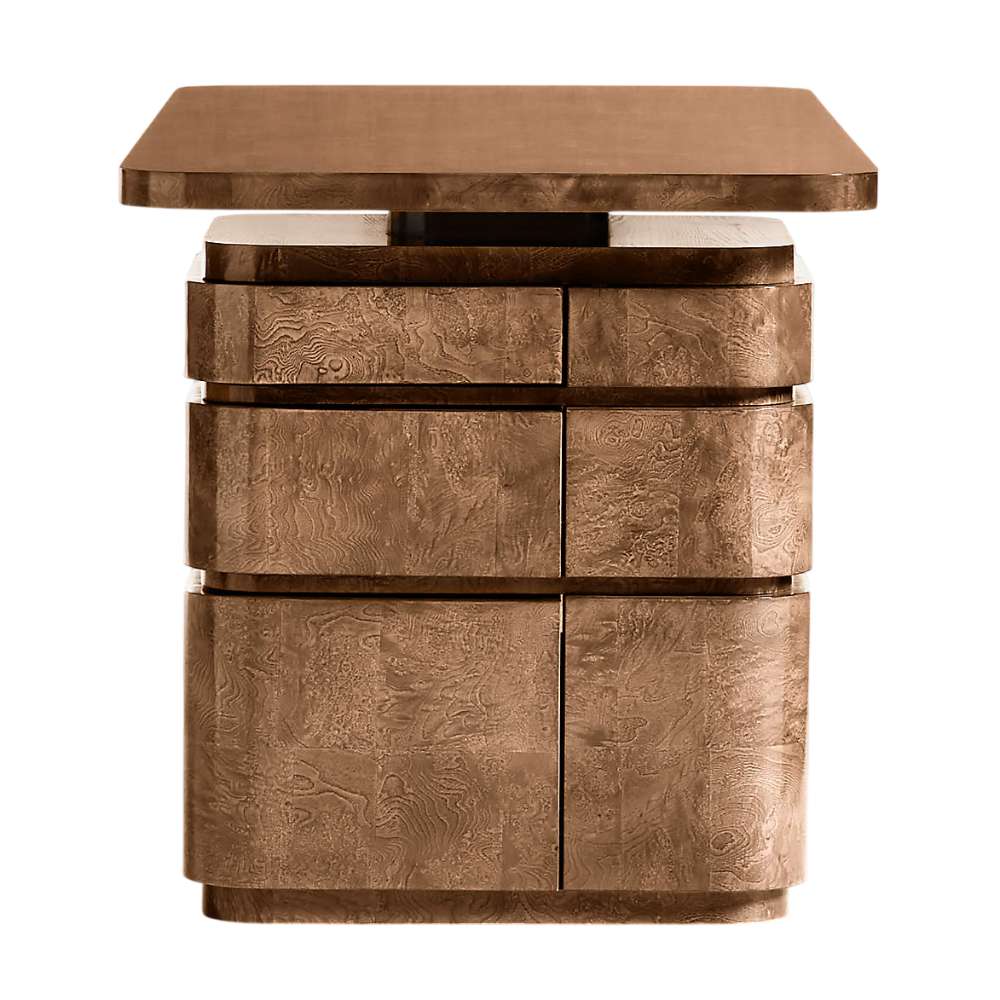 Front view of Crate & Barrel Greye 60" Burl Wood Desk with Swivel Drawers with layered swivel drawers and bold architectural styling