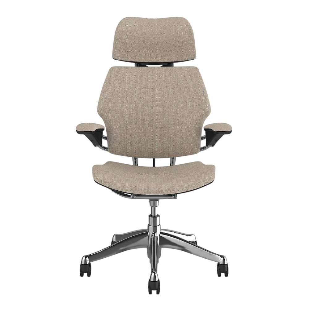Front view of Crate & Barrel Humanscale® Freedom Headrest Natural Linen Office Chair with natural linen upholstery, headrest, padded arms, and chrome base