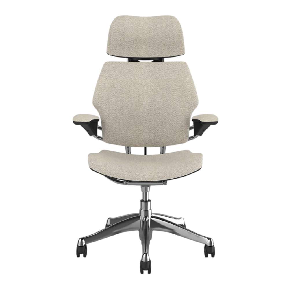 Front view of Crate & Barrel Humanscale® Freedom Headrest White Boucle Office Chair with a padded headrest, contoured seat, and adjustable armrests