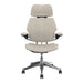 Front view of Crate & Barrel Humanscale® Freedom Headrest White Boucle Office Chair with a padded headrest, contoured seat, and adjustable armrests