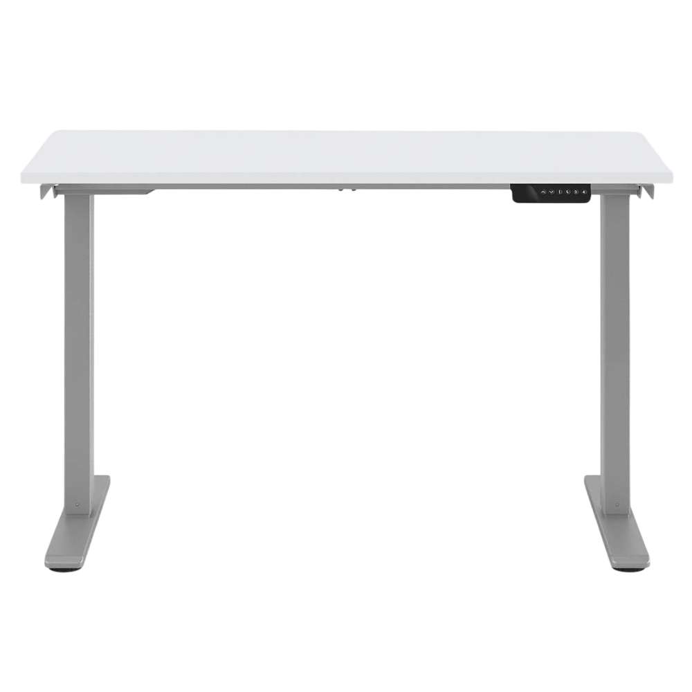 Front view of Crate & Barrel Humanscale® eFloat Go 2.0 48" White Adjustable Standing Charging Desk with a white desktop and silver frame