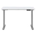 Front view of Crate & Barrel Humanscale® eFloat Go 2.0 48" White Adjustable Standing Charging Desk with a white desktop and silver frame