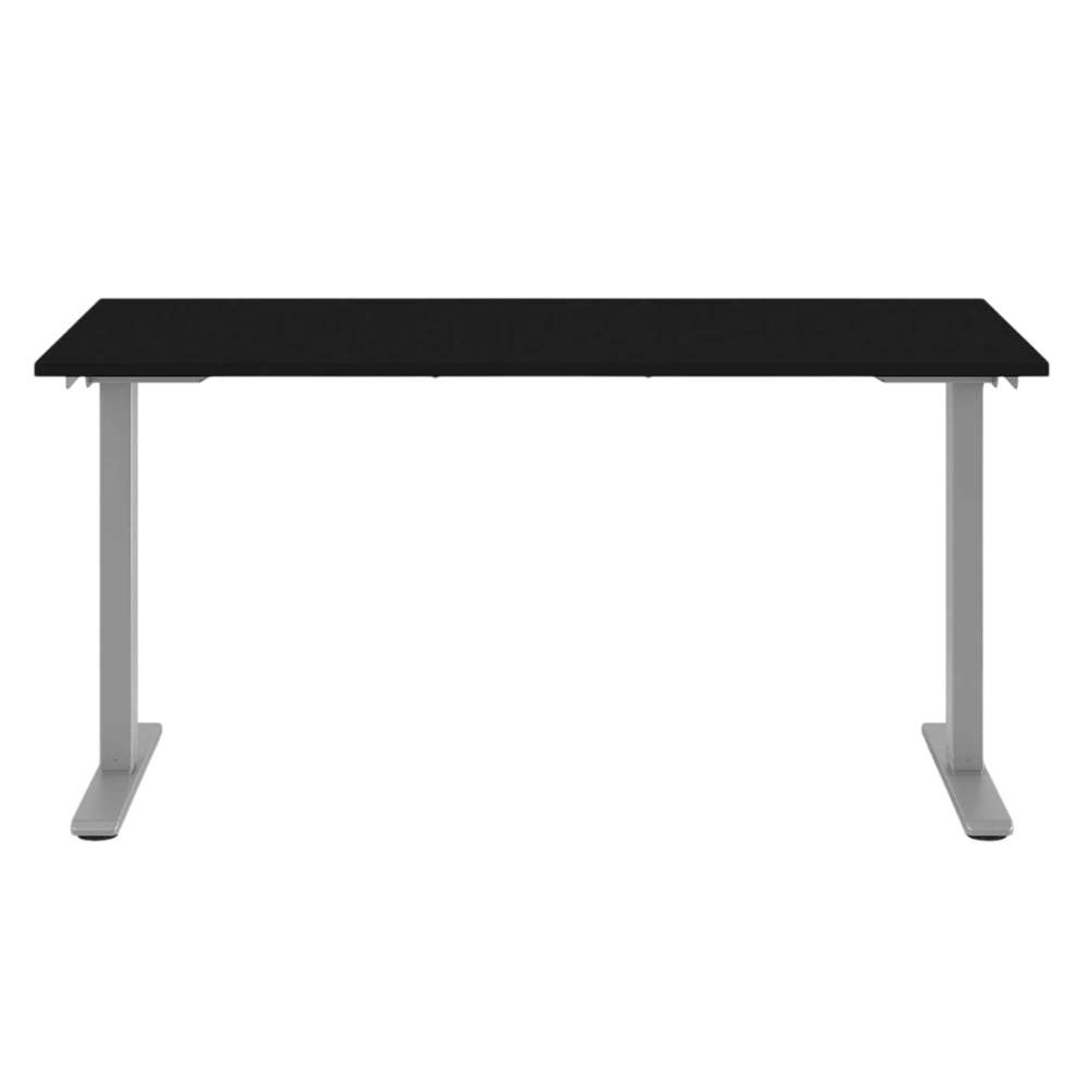 Front view of Crate & Barrel Humanscale® eFloat Go 2.0 60" Black Adjustable Standing Charging Desk with a wide black desktop and silver frame