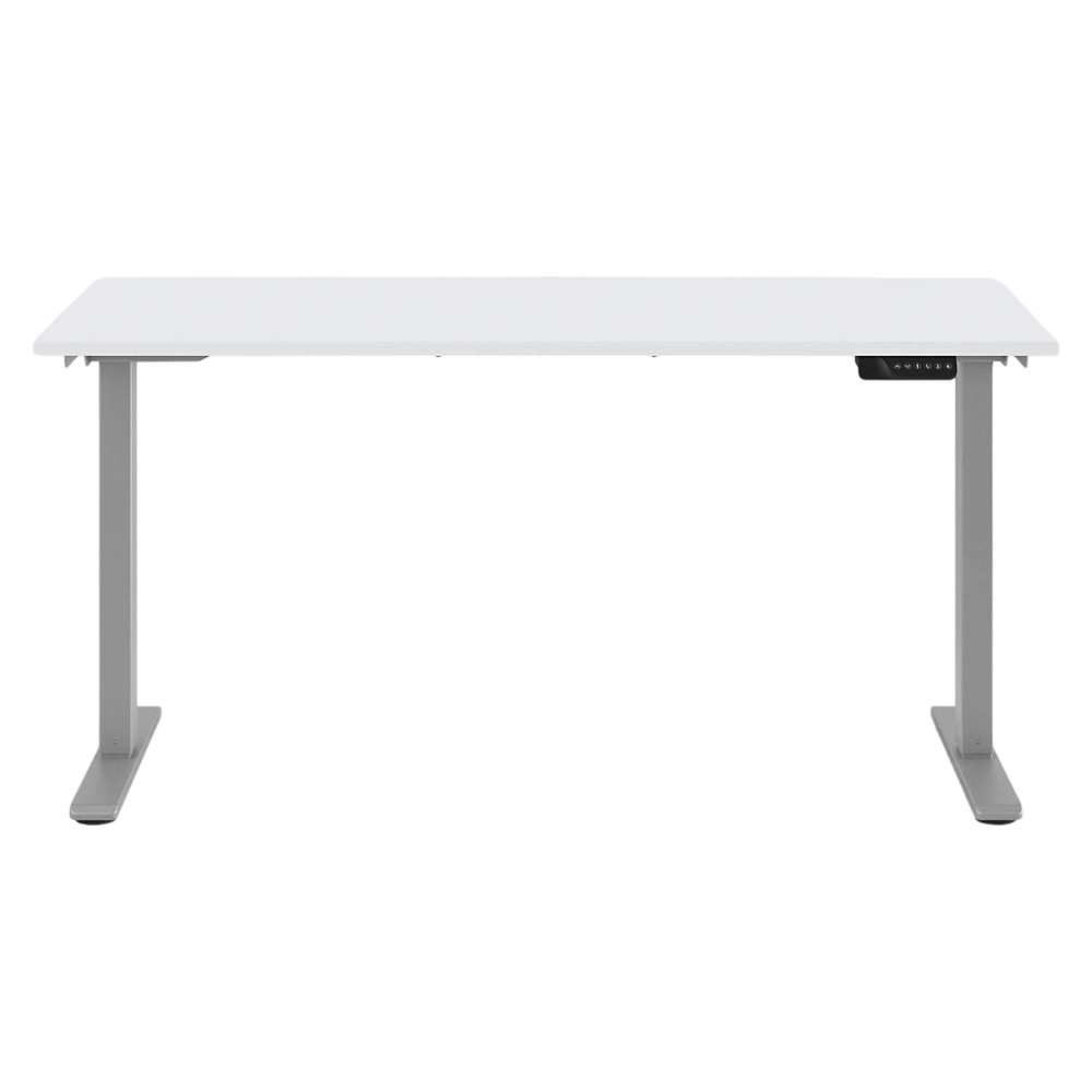 Front view of Crate & Barrel Humanscale® eFloat Go 2.0 60" White Adjustable Standing Charging Desk with a white desktop and silver frame