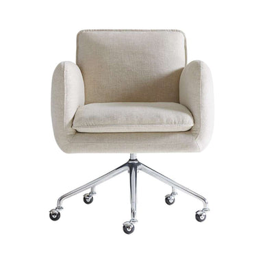 Front view of Crate & Barrel Jens Plush Ivory Office Chair displaying its wide padded seat, supportive backrest, and rounded armrests
