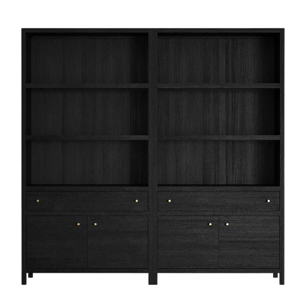 Front view of Crate & Barrel Keane 40" Black Wood Storage Bookcase, Set of 2 featuring six shelves, two drawers, and four cabinet doors