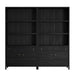 Front view of Crate & Barrel Keane 40" Black Wood Storage Bookcase, Set of 2 featuring six shelves, two drawers, and four cabinet doors