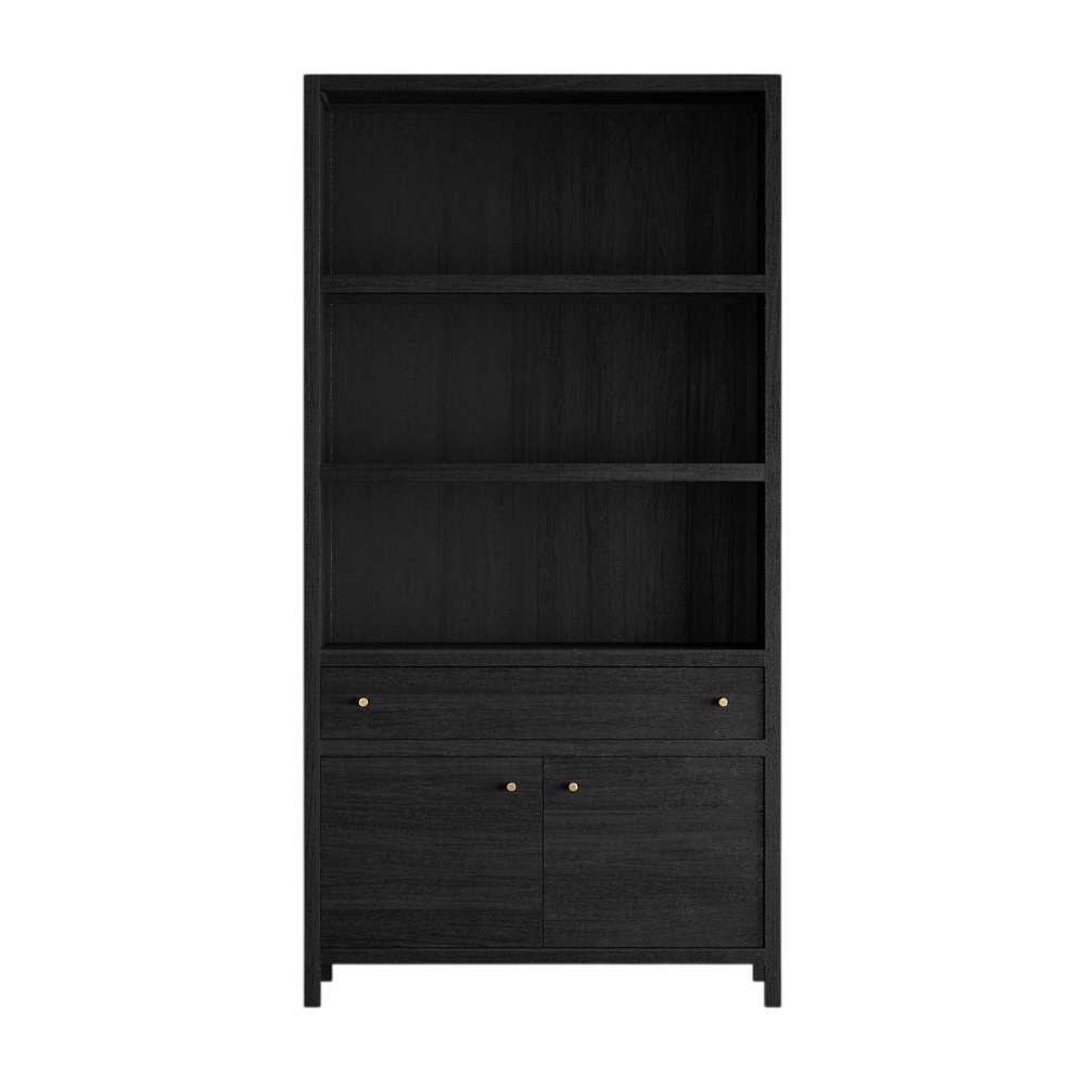 Front view of Crate & Barrel Keane 40" Black Wood Storage Bookcase with open shelving, a storage drawer, and cabinet doors below