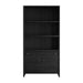 Front view of Crate & Barrel Keane 40" Black Wood Storage Bookcase with open shelving, a storage drawer, and cabinet doors below