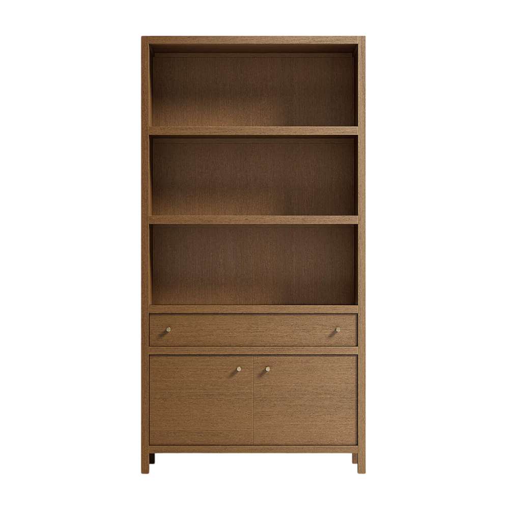 Front view of Crate & Barrel Keane 40" Driftwood Storage Bookcase with open shelving, a drawer, and cabinet storage below