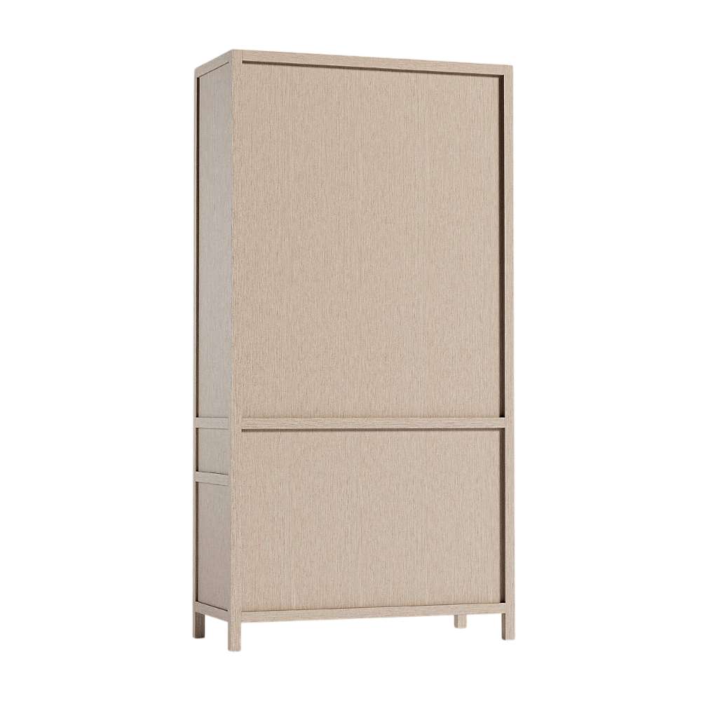 Front view of Crate & Barrel Keane 40" Weathered Natural Wood Storage Bookcase with all shelves and storage compartments concealed behind closed panels