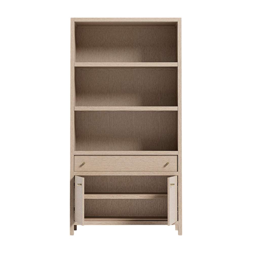 Front view of Crate & Barrel Keane 40" Weathered Natural Wood Storage Bookcase with cabinet doors open, showing interior shelving and storage compartments