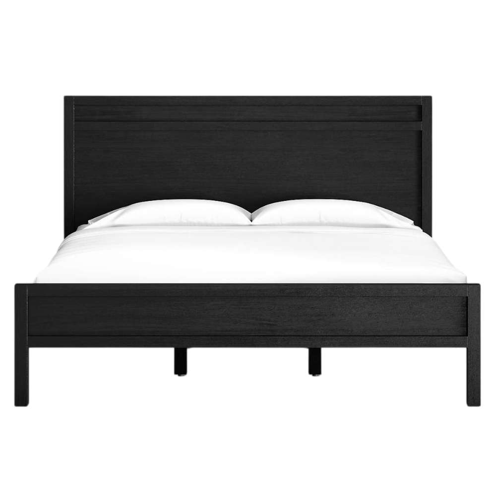 Front view of Crate & Barrel Keane Black Solid Wood King Bed featuring a wide paneled headboard, footboard, and crisp white bedding