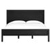Front view of Crate & Barrel Keane Black Solid Wood King Bed featuring a wide paneled headboard, footboard, and crisp white bedding