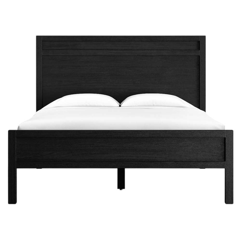 Front view of Crate & Barrel Keane Black Solid Wood Queen Bed with a black wood frame, white bedding, and a centered support leg