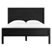 Front view of Crate & Barrel Keane Black Solid Wood Queen Bed with a black wood frame, white bedding, and a centered support leg