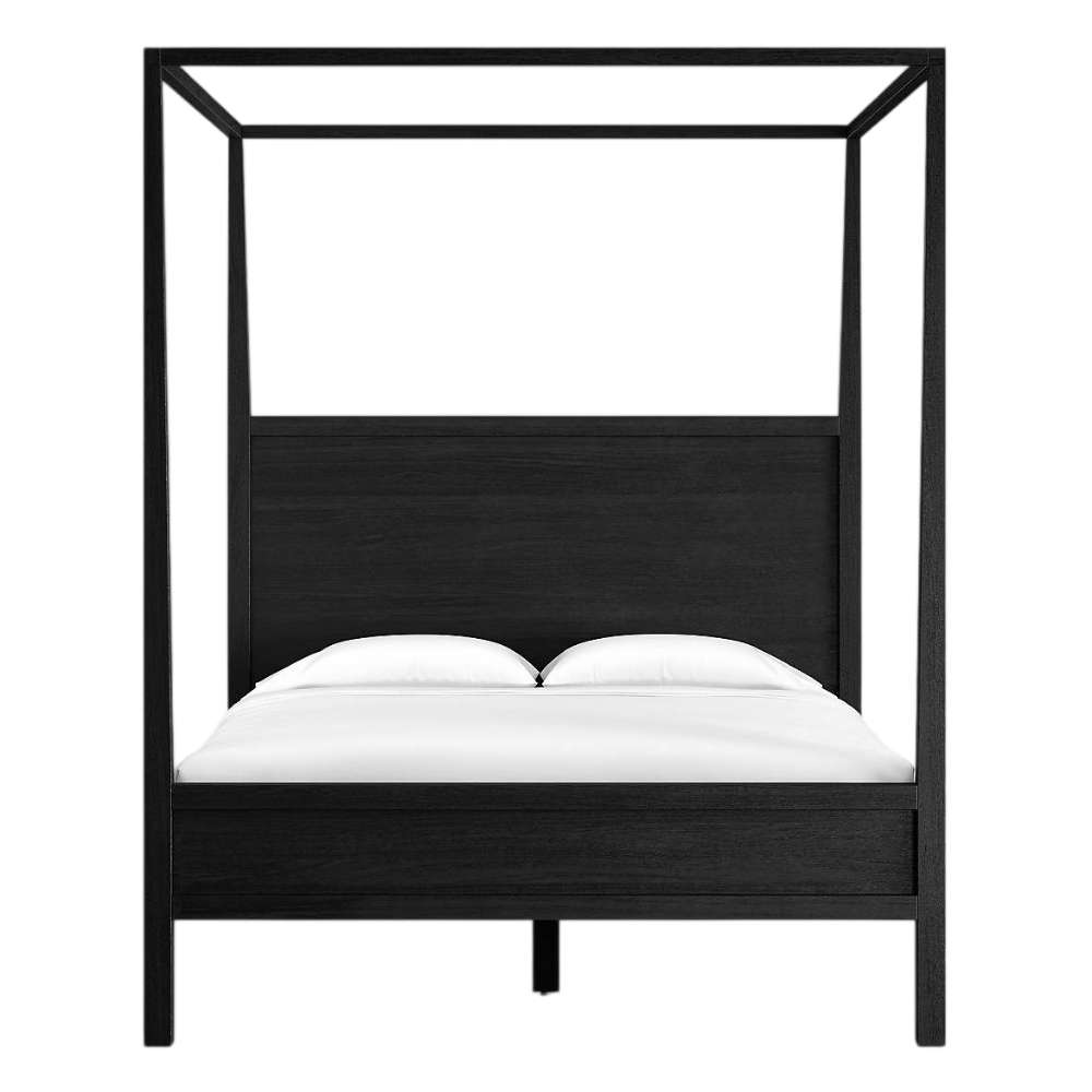 Front view of Crate & Barrel Keane Black Solid Wood Queen Canopy Bed featuring a solid wood headboard, footboard, and bold black canopy frame