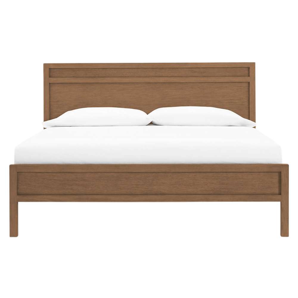 Front view of Crate & Barrel Keane Solid Driftwood King Bed showing the paneled headboard, footboard, and crisp white bedding