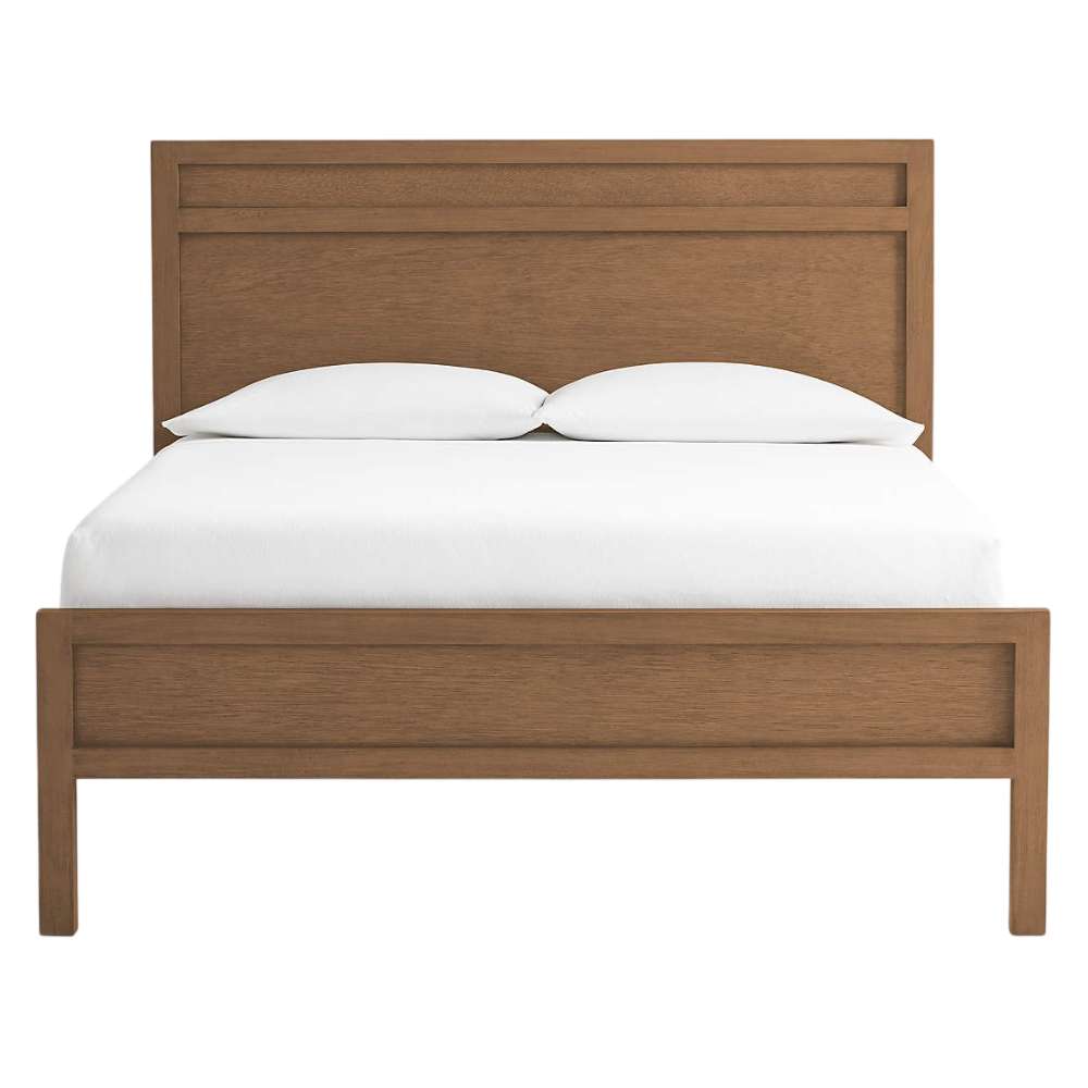 Front view of Crate & Barrel Keane Solid Driftwood Queen Bed featuring a paneled headboard, matching footboard, and white bedding