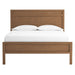 Front view of Crate & Barrel Keane Solid Driftwood Queen Bed featuring a paneled headboard, matching footboard, and white bedding
