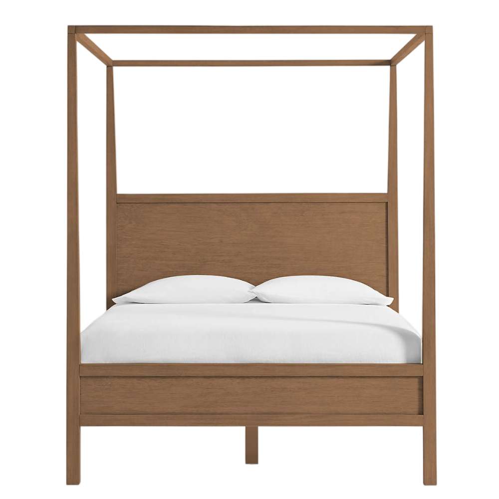 Front view of Crate & Barrel Keane Solid Driftwood Queen Canopy Bed featuring a clean wood canopy frame and solid wood headboard