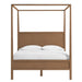 Front view of Crate & Barrel Keane Solid Driftwood Queen Canopy Bed featuring a clean wood canopy frame and solid wood headboard