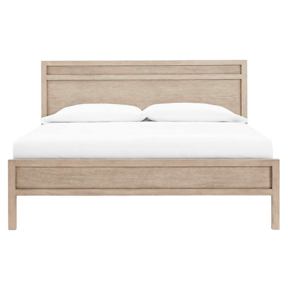 Front view of Crate & Barrel Keane Weathered Natural Solid Wood King Bed featuring a paneled headboard, footboard, and white bedding