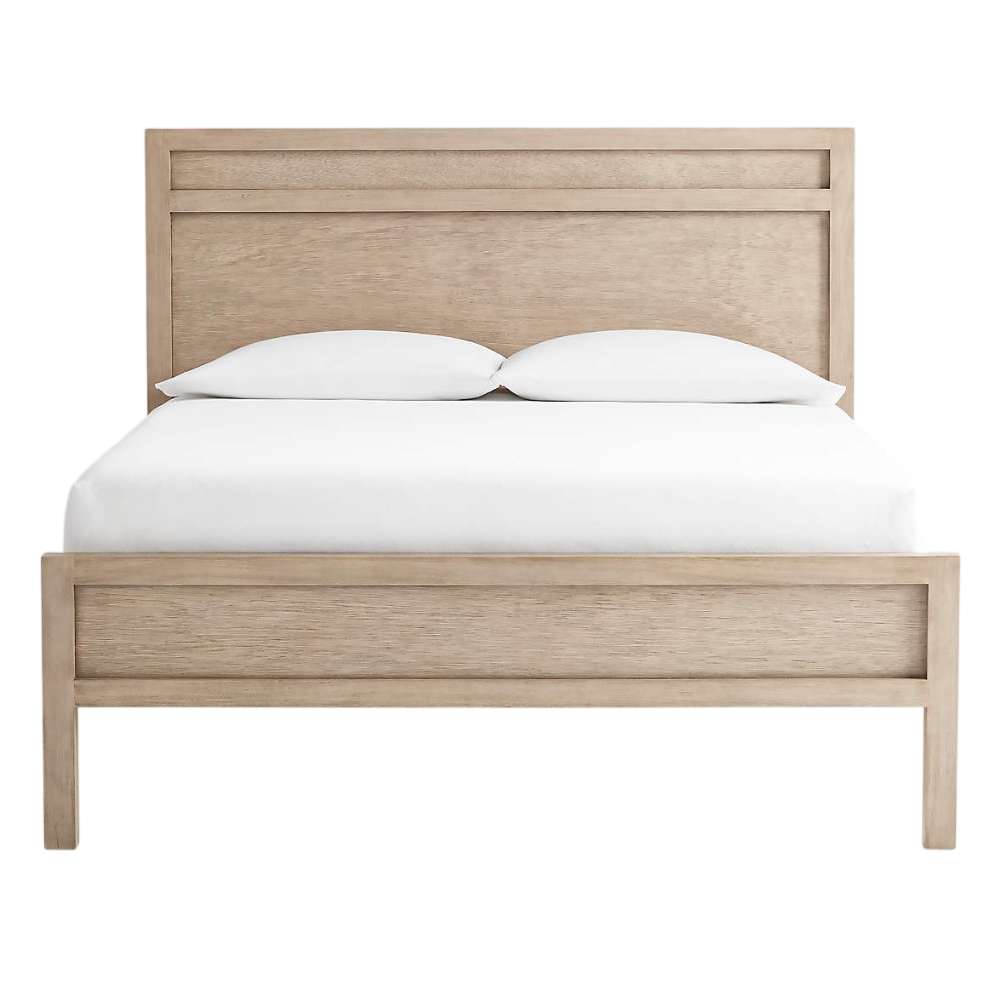Front view of Crate & Barrel Keane Weathered Natural Solid Wood Queen Bed featuring a paneled headboard, matching footboard, and white bedding