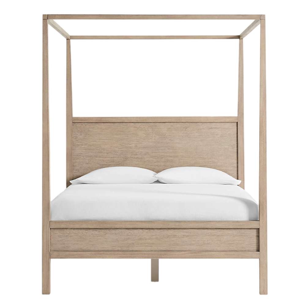 Front view of Crate & Barrel Keane Weathered Natural Solid Wood Queen Canopy Bed featuring a solid wood headboard and sleek canopy frame